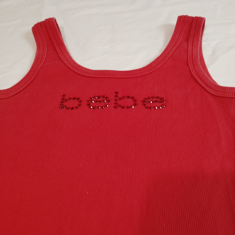 bebe Red Ribbed Tank with Rhinestone Logo Detail